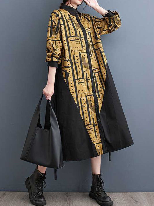 A-Line Long Sleeves Asymmetric Contrast Color Printed Warp Knitting Lapel Midi Dresses Shirt Dress