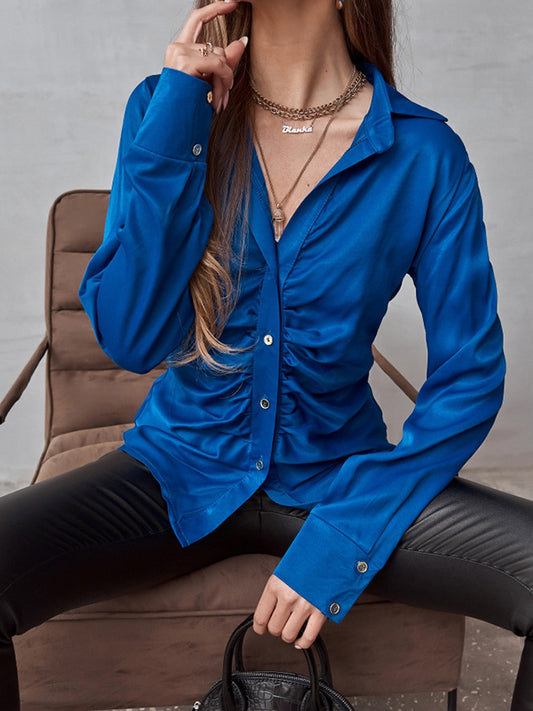 Long Sleeves Pleated Solid Color Lapel Blouses&Shirts Tops