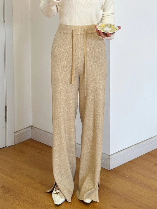 High Waisted Loose Drawstring Solid Color Split-Side Velvet Pants Trousers