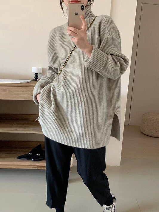 Long Sleeves Loose Solid Color Split-Joint Split-Side High Neck Sweater