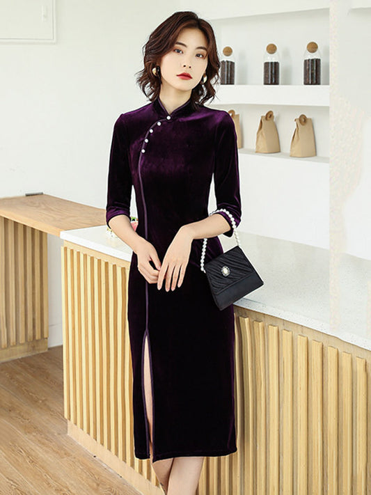 Solid Color Velvet Banquet Split-Side Long Cheongsams