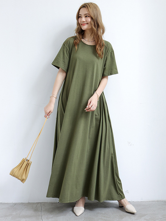 Simple Loose Short Sleeves Solid Color Round-Neck Maxi Dresses