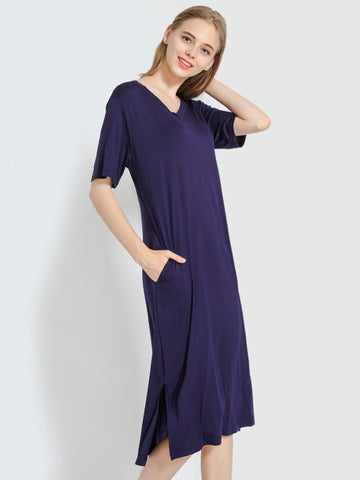 Simple Short Sleeves Loose Split-Side Solid Color V-Neck Pajamas Dress